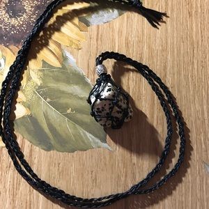 Dalmation jasper necklace handmade macrame pouch healing crystal necklace black